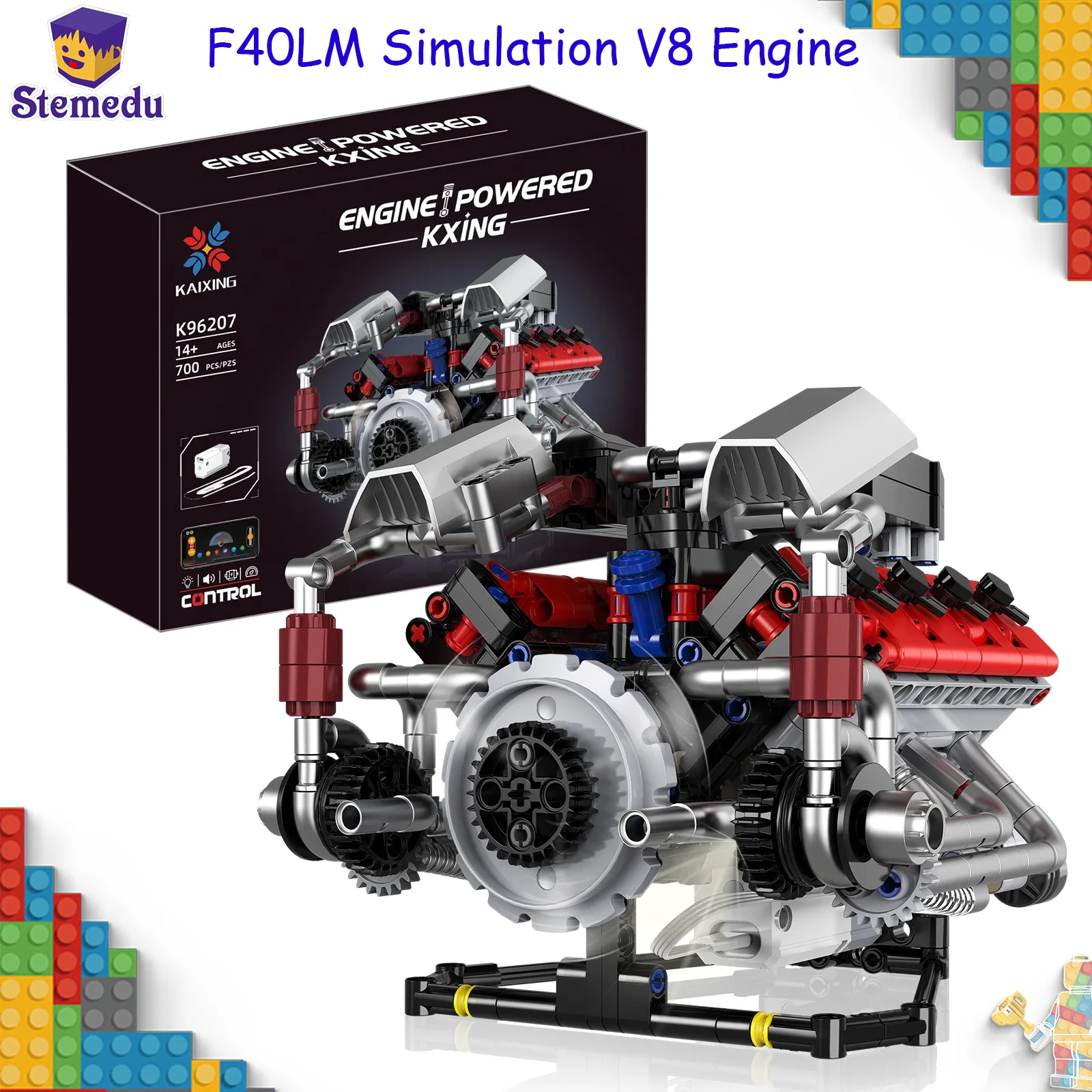 

K96207 F40LM Моделирование двигателя V8 Модель строительного блока 700 шт. Приложение-программируемая светодиодная версия DIY Механический комплект для взрослых