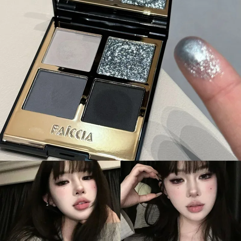Paleta de sombras brilhantes de 4 cores, sombra preta esfumaçada, pigmento fosco com glitter, longa duração, à prova d'água, paleta de maquiagem para olhos
