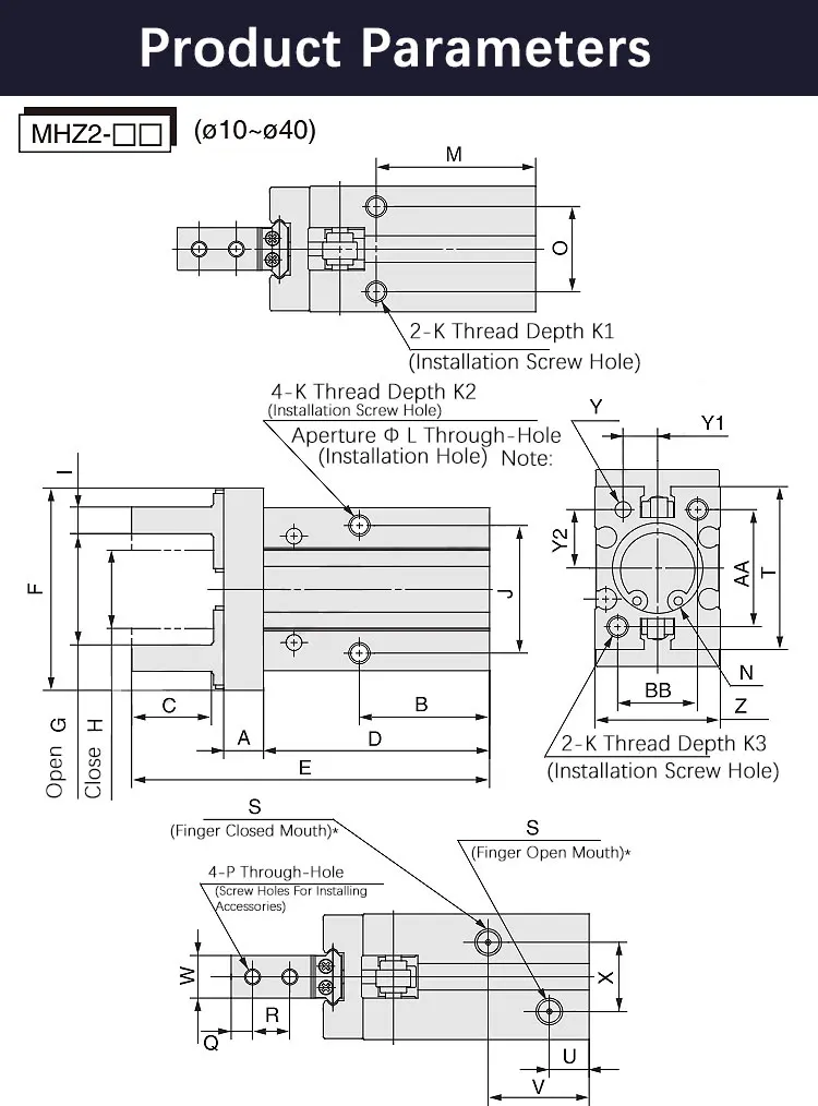MHZ2 Pneumatischer Fingerzylinder Parallelgreifer MHZ2-10/16/25/32/40D1/D2/D3 Seitengewinde Aluminiumklemmen – Detail 8