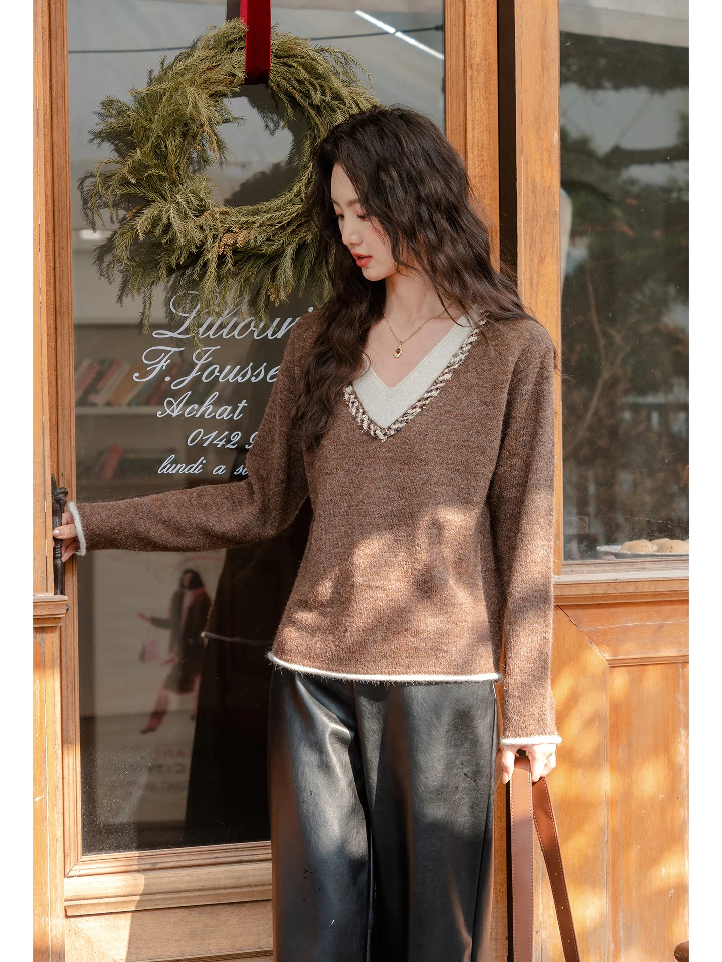 

Уникальный красивый коричневый шерстяной вязаный свитер для женщин, базовый слой, V-образный вырез, толстый зимний топ