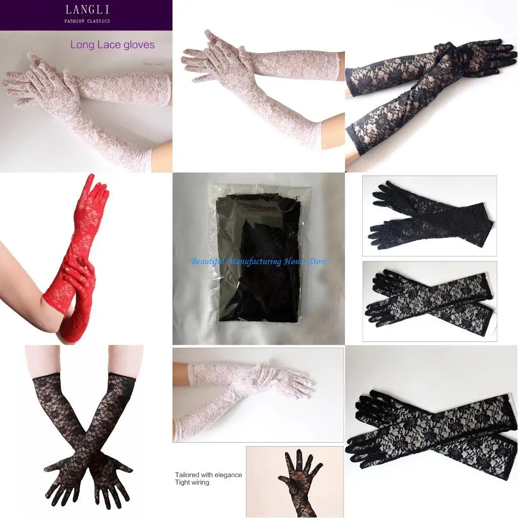 

E56A Кружевные перчатки для женщин Пром Цветочные длинные перчатки УФ-защита Свадебные перчатки Свадебные перчатки