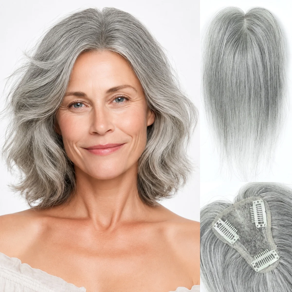 100% Human Hair Topper 2.75x3.5 Inch Short Straight 20g Lace Base with 3 Clips Grey Middle Part Hairpiece for Women Thinning