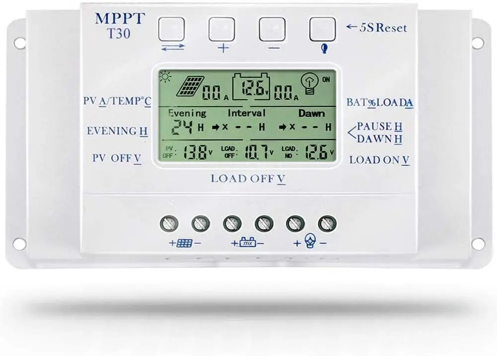 30A Solar Charge Controller 30-Amp Solar Panel Regulator with Load Timer Auto 12V 24V LCD Display USB 5V 1500mA