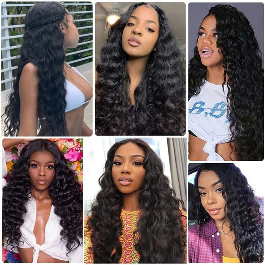 Peruca de cabelo humano ondulado profundo pré-arrancado 250 densidade 13x4 HD perucas de cabelo humano frontal com cabelo de bebê (36 polegadas, cor preta)