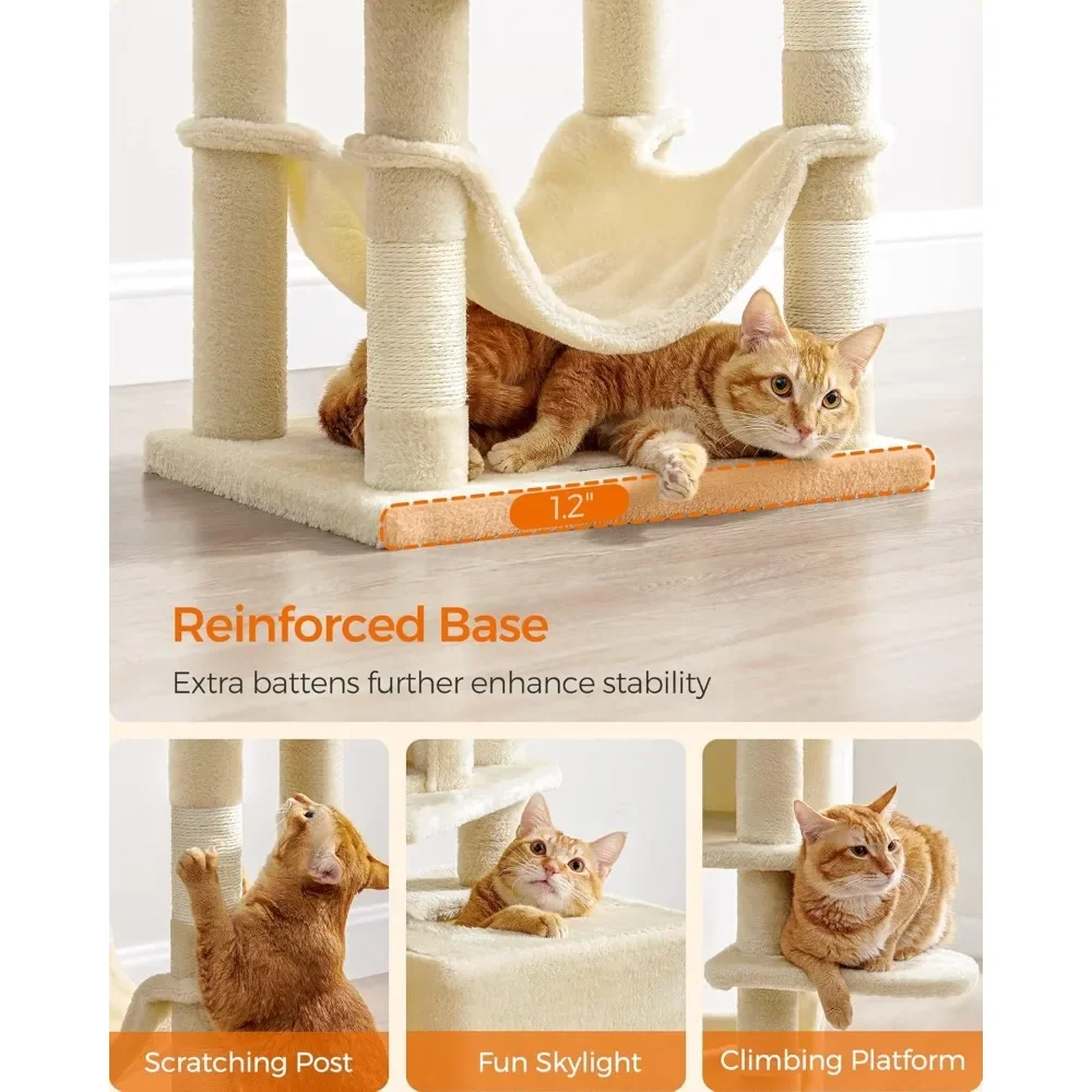 

Cat Tree, 61-Inch Cat Tower for Indoor Cats, Plush Multi-Level Cat Condo with 5 Scratching Posts, 2 Perches, 2 Caves, Hammock