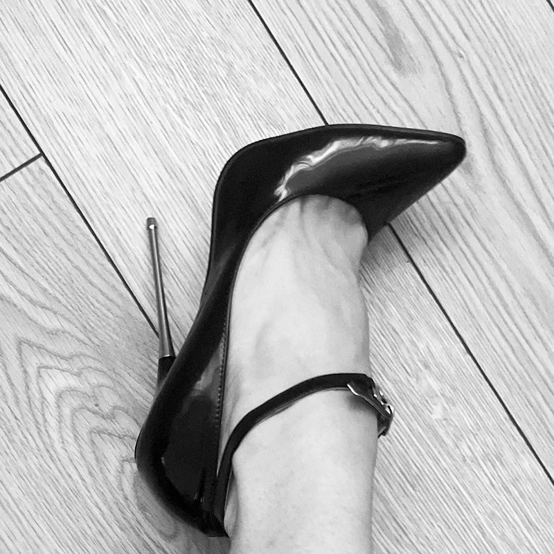 Super High Heels 16cm Stilettos Sexy Women Solid Black Dress Shoes Pumps Ankle Strap Fetish Party Unisex Man Shoes