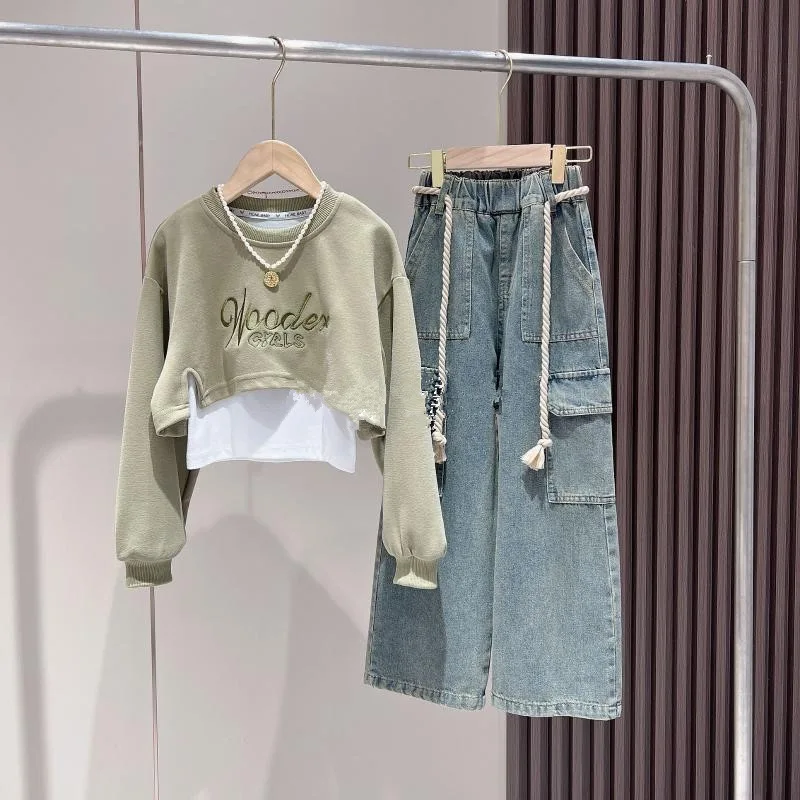 Girls' Denim Suit. Vest, Hoodie, and Cargo Pants Three-Piece Set. Casual Suit. Girls' Spring Suit Spring Suits