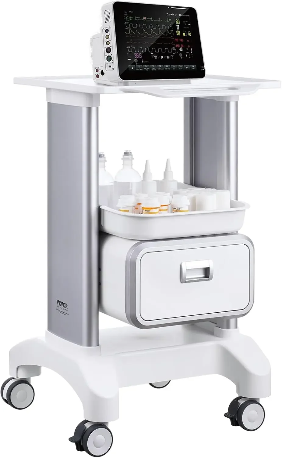 Medical Trolley Storage Cart with Removable Drawer, Rolling Lab Tray Cart with Wheels for Ultrasound, Dental Clinic, Lab, Beauty