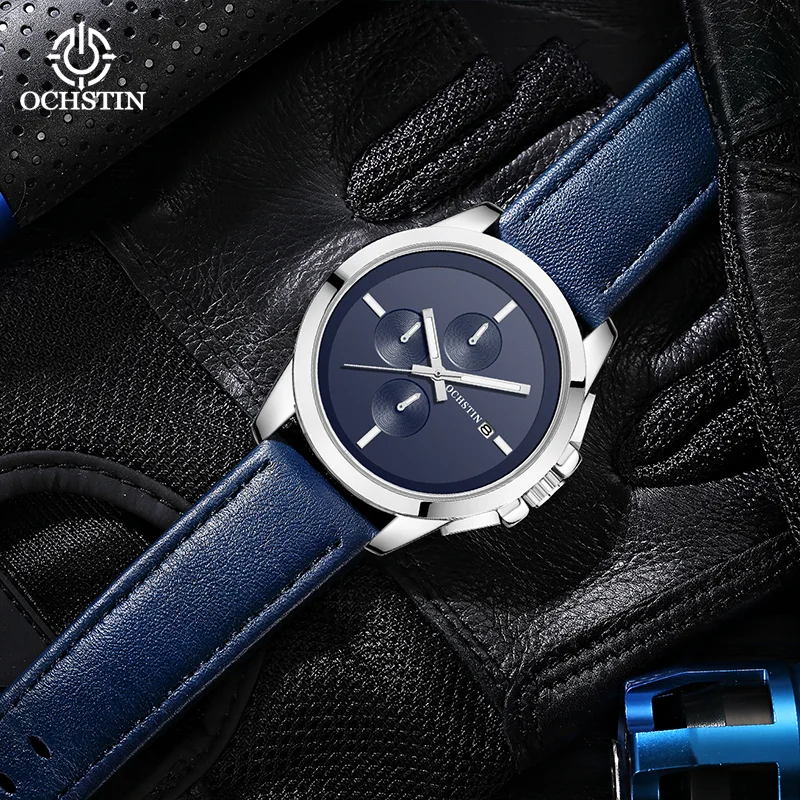 OCHSTIN Man Fashion Aviator Wristwatch Men's Supple Premium Leather Band Precise Multifunctional Chronograph Quartz Clock