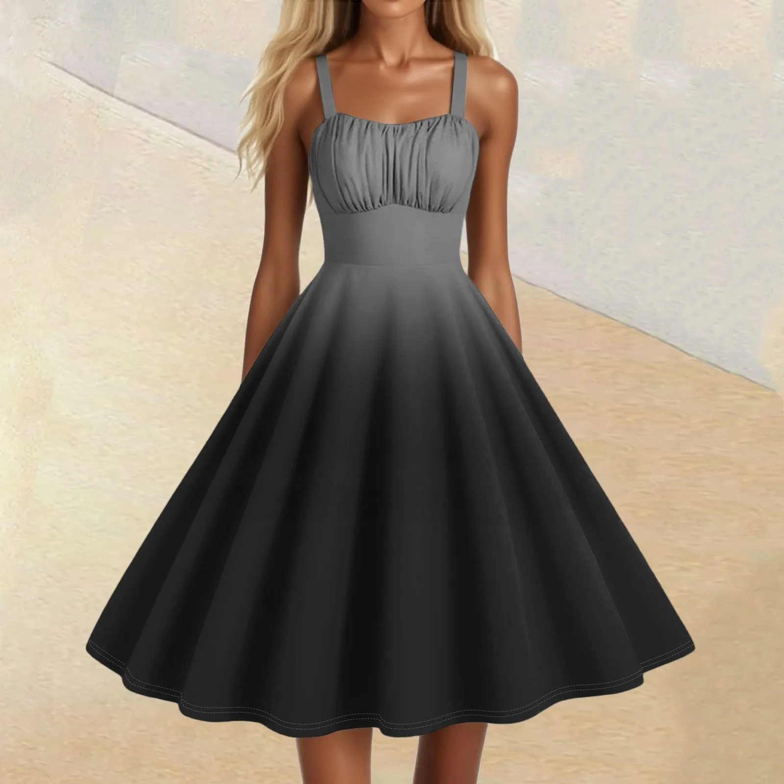 Women'S Vintage Sleeveless Pleated Patchwork Cute A-Line Hem Gradient Printed Dresses Vestidos Mujer Veranoa 2025 Women Clothing