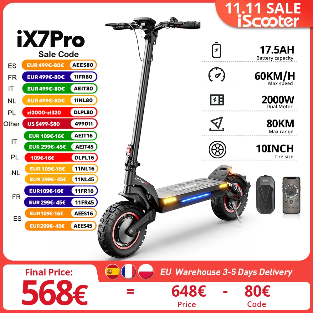 iScooter IX7Pro 2000W Dual Motor Electric Scooter 10inch 17.5Ah adult electric scooter 60km/h Foldable e-scooter