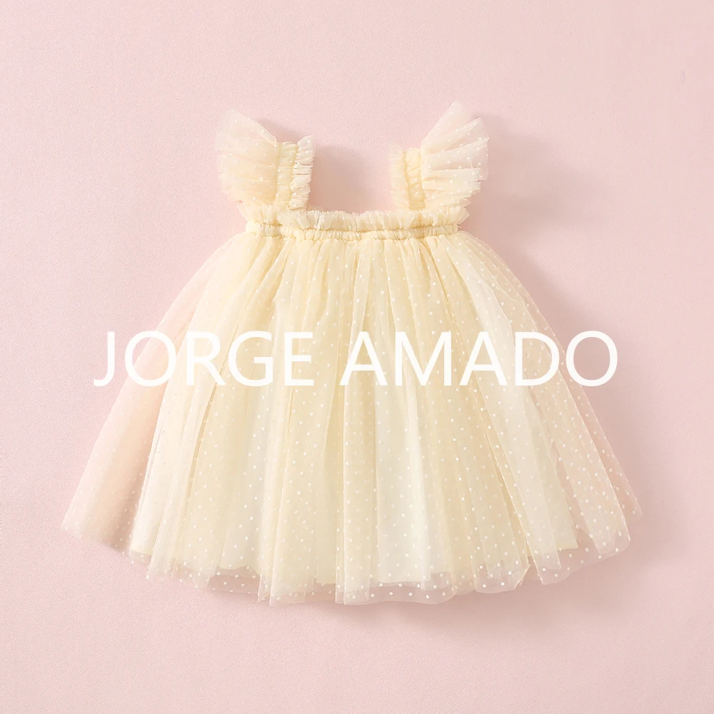 New Summer Kids Girl Fashion Tulle Dress Flying Sleeve Square Neck Cute Princess Dresses Wedding Birthday Party Clothes A5983-9