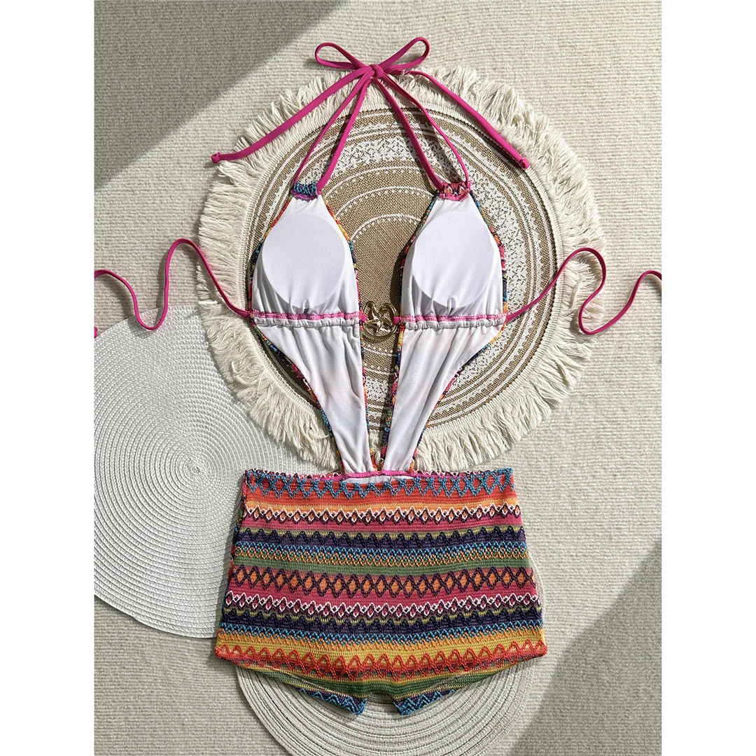Sexy bedruckter Trikini-Badeanzug mit tiefem V-Ausschnitt für Damen, einteiliger Badeanzug, Damen-Badeanzug mit Neckholder, rückenfreie Shorts, Badebekleidung, Badeanzug V7960 – Detail 14