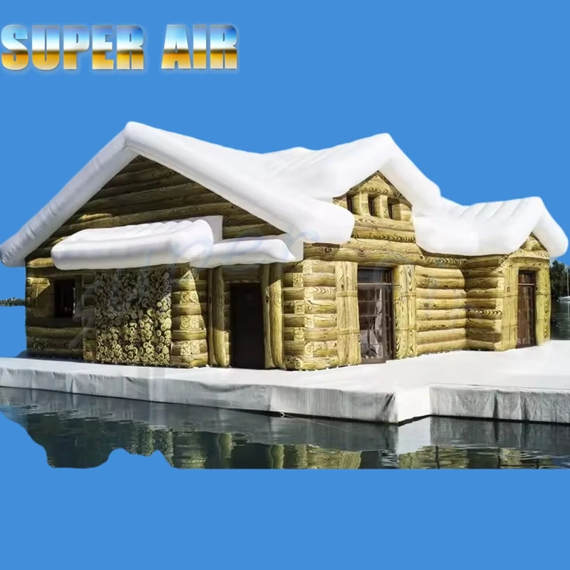 Giant Realistic Wood Pattern Inflatable Cabin Tent, Customizable Inflatable Santa Workshop House for Winter Festival & Holiday