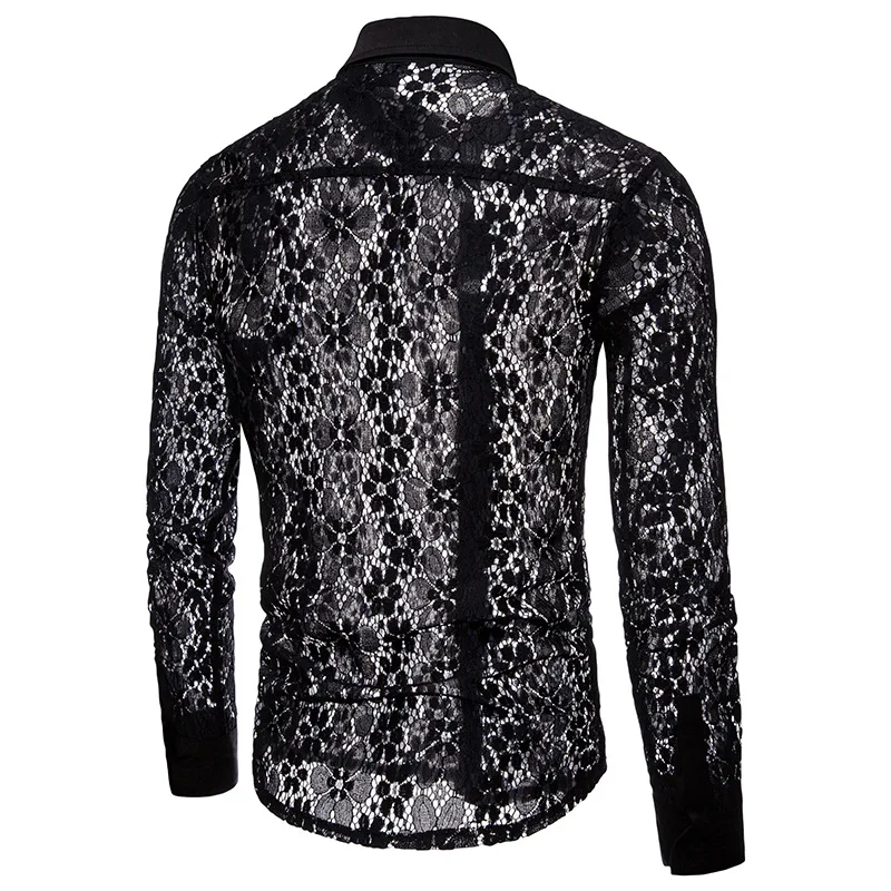 Mens Sexy Black Lace Floral Dress Shirts See Through Fishnet Button Down Shirt Men Party Nightclub Prom Camisa Social Masculina