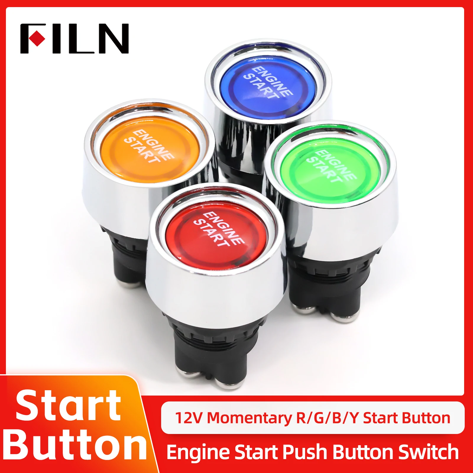 FILN 12V Momentary Car Engine Start Ignition Switch with LED Metal Shell 12V 50A 3 Pin SPST Easy Install for Marine RV