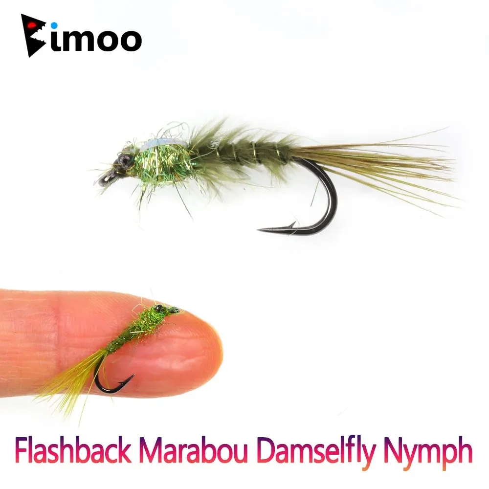 Bimoo 8pcs #12 Chainbead Eyes Flashback Marabou Damselfly Nymph Olive Hackle Nymphs For Panfish Bass Fishing Lures Baits