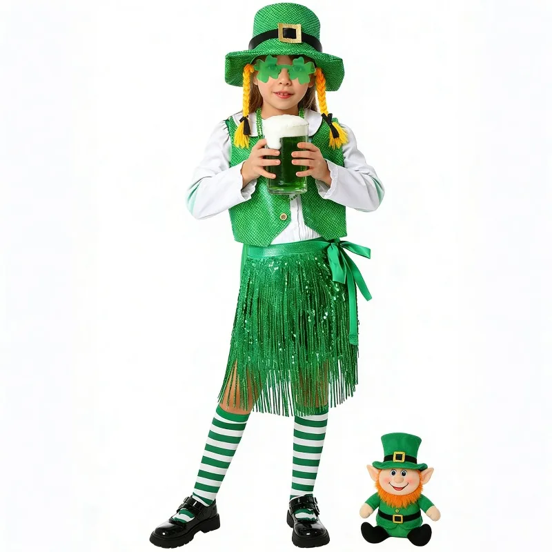 

Girls Green Clover Dress St.Patrick's Day Costume Irish Clover Elf Leprechaun Halloween Carnival School Party Stage PERF Set