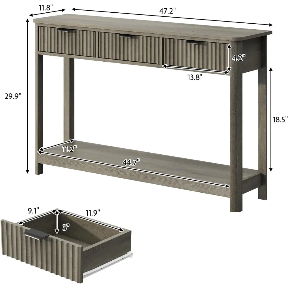 Consolle scanalata con cassetti, tavolo da ingresso moderno 47,1 con ripiano portaoggetti, tavolino stretto e sottile dietro il divano in legno