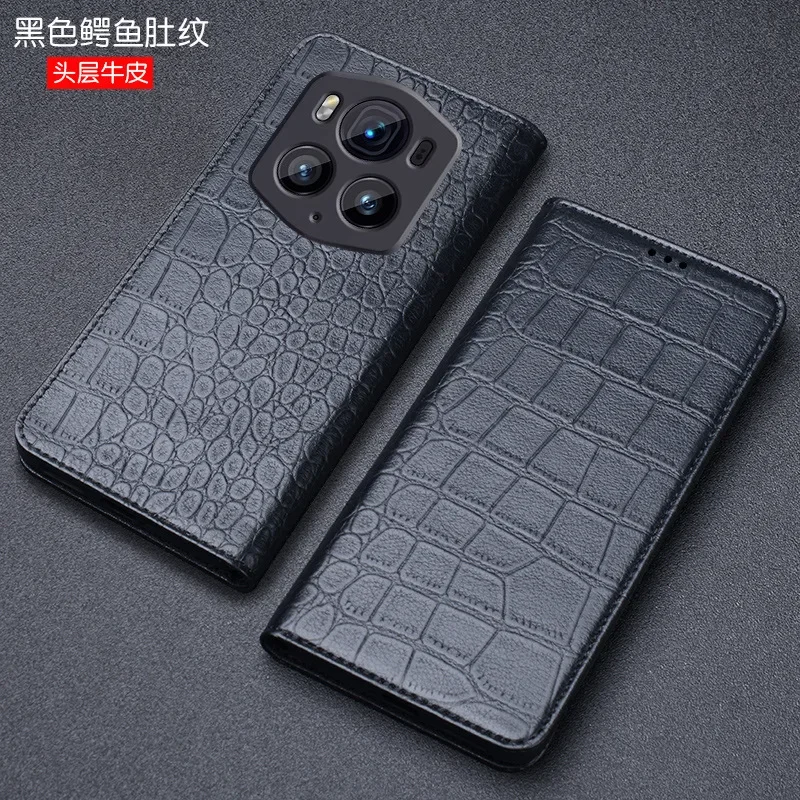 Genuine Cowhide Leather Phone Case For Honor Magic 6 RSR Ultimate Luxury Crocodile Alligator Grids Pattern Magnetic Flip Cover