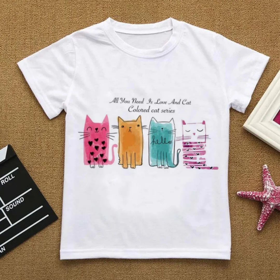 زهرة ملابس الصيف أنا أحبك القط الكرتون تي شيرت الطفل الاشياء الملابس للفتيات تي شيرت الاطفال الفتيان الأبيض قصيرة الأكمام أعلى #5