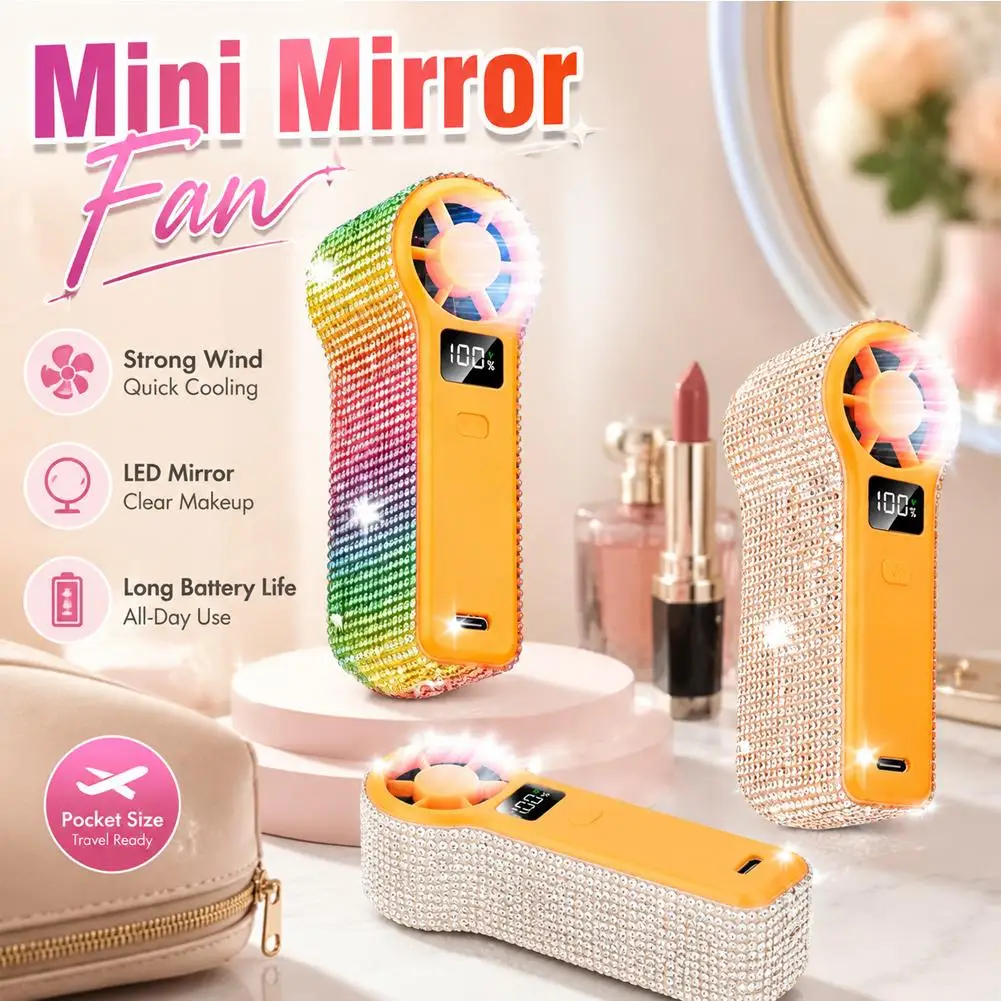 

Handheld Mini Fan Electric Hand Fans Crystal Rhinestone High-Speed USB Rechargeable Cooling Fan Portable LED Digital Display