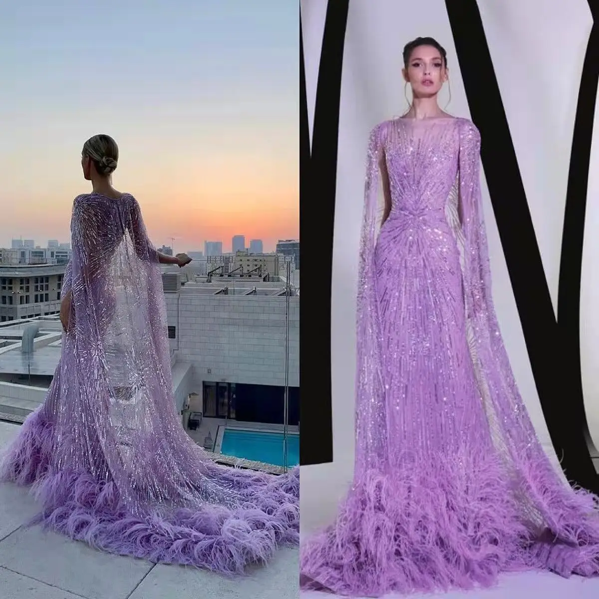 Hot Sale Purple Beaded Cape Feathers Mermaid Fashion  فساتين السهرة vestidos de fiesta  فساتين سهره evening dresses