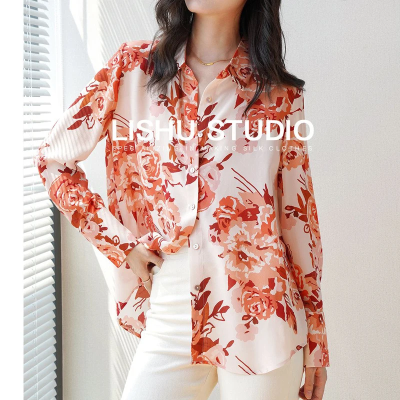 

Women Korean Fashion Floral Print Minimalist Shirts Elegant Chic Lapel Commute Blouses Casual Long Sleeve Loose Tunic Tops Blusa