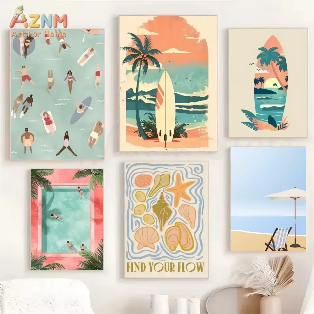 AZNM Retro Summer Beach Canvas Print Surfboard Palm Tree Swimming People Seashell Minimalist Tropical Unframed Canvas Wall Art C