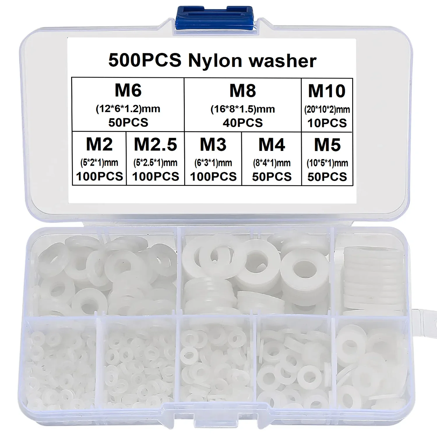 500pcs rubber Plastic Nylon Flat Washer Spacer Insulation Gasket Ring M2 M2.5 M3 M4 M5 M6 M8 M10 Assortment Kit Mix Set Box