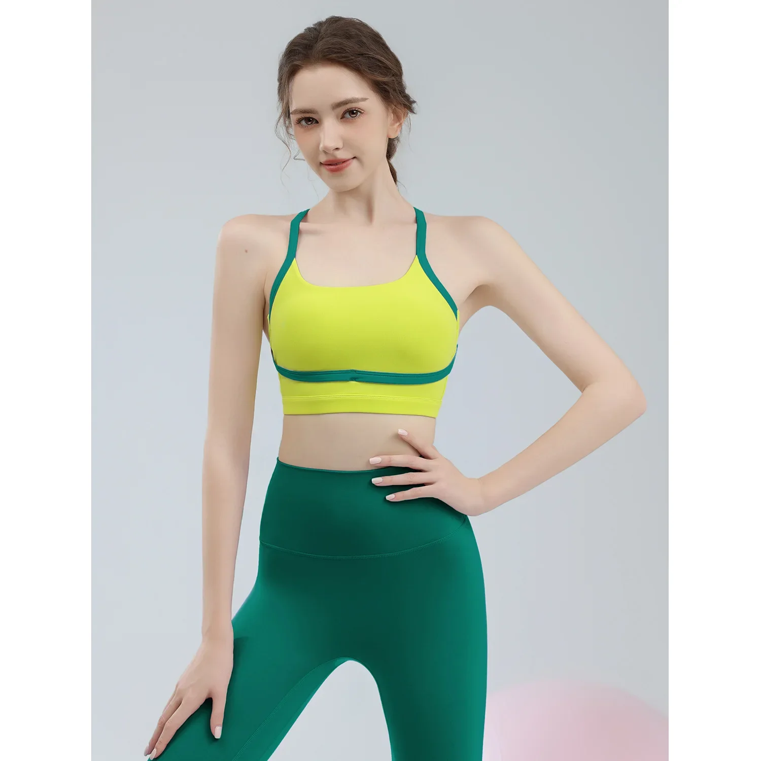 Yoga clothes, vest set, women's contrasting stripes, cross back, sports bra, underwear, quick-drying high-waisted fitness pants.