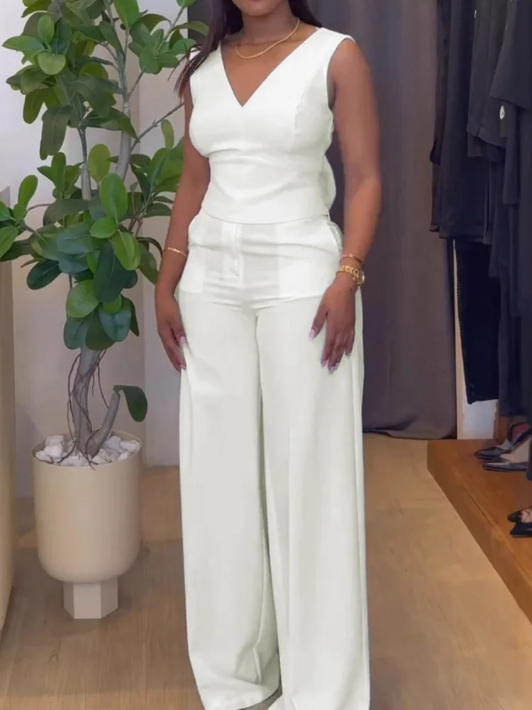 High Waist Wide Leg Pants Solid Outfit, Women Summer Sleeveless V Neck Fashion Sets, 2025 Bow Patchwork Simple Chic Ladies Suits