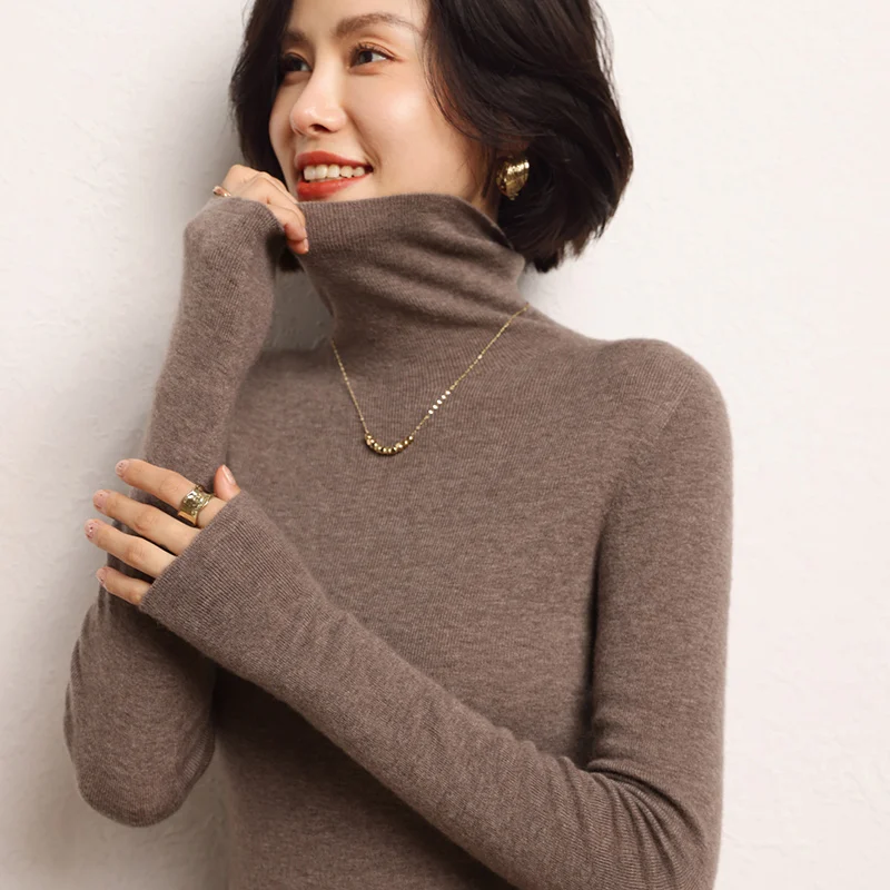 Winter 100% Cashmere Knit Soft Fine Yarn Turtleneck Pullover Sweater Fashion Comfortable Bottom Shirt High elasticity Women Top