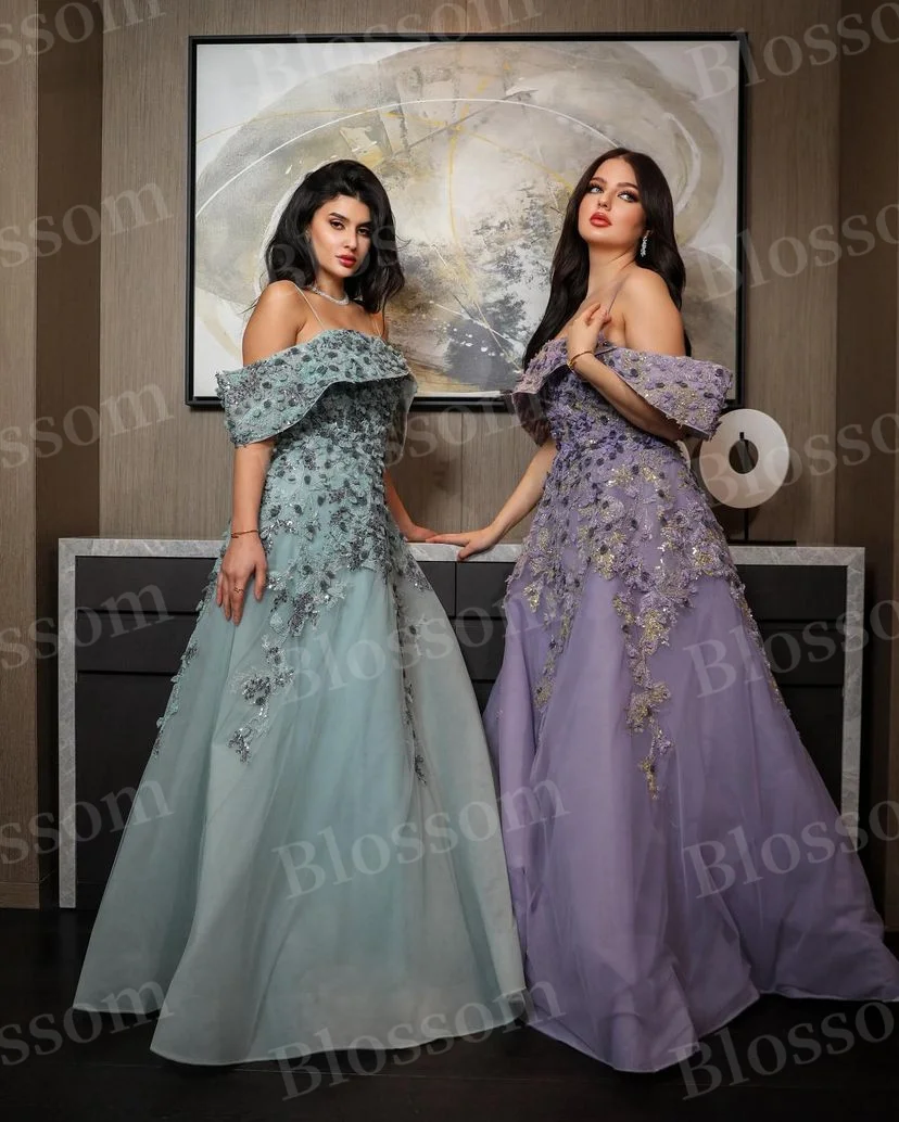 Off Shoulder Appliques Floral A-line Prom Dresses Floor-length Saudi Arabia Luxury Evening Dresses 2024 Purple Formal Party Gown