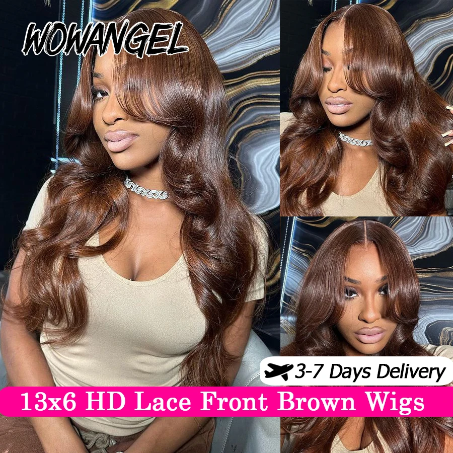 34inch Chocolate Brown Body Wave Human Hair Lace Frontal Wig 13x6 HD Lace Front Wigs Deep Side Parting  Remy Brazilian Hair