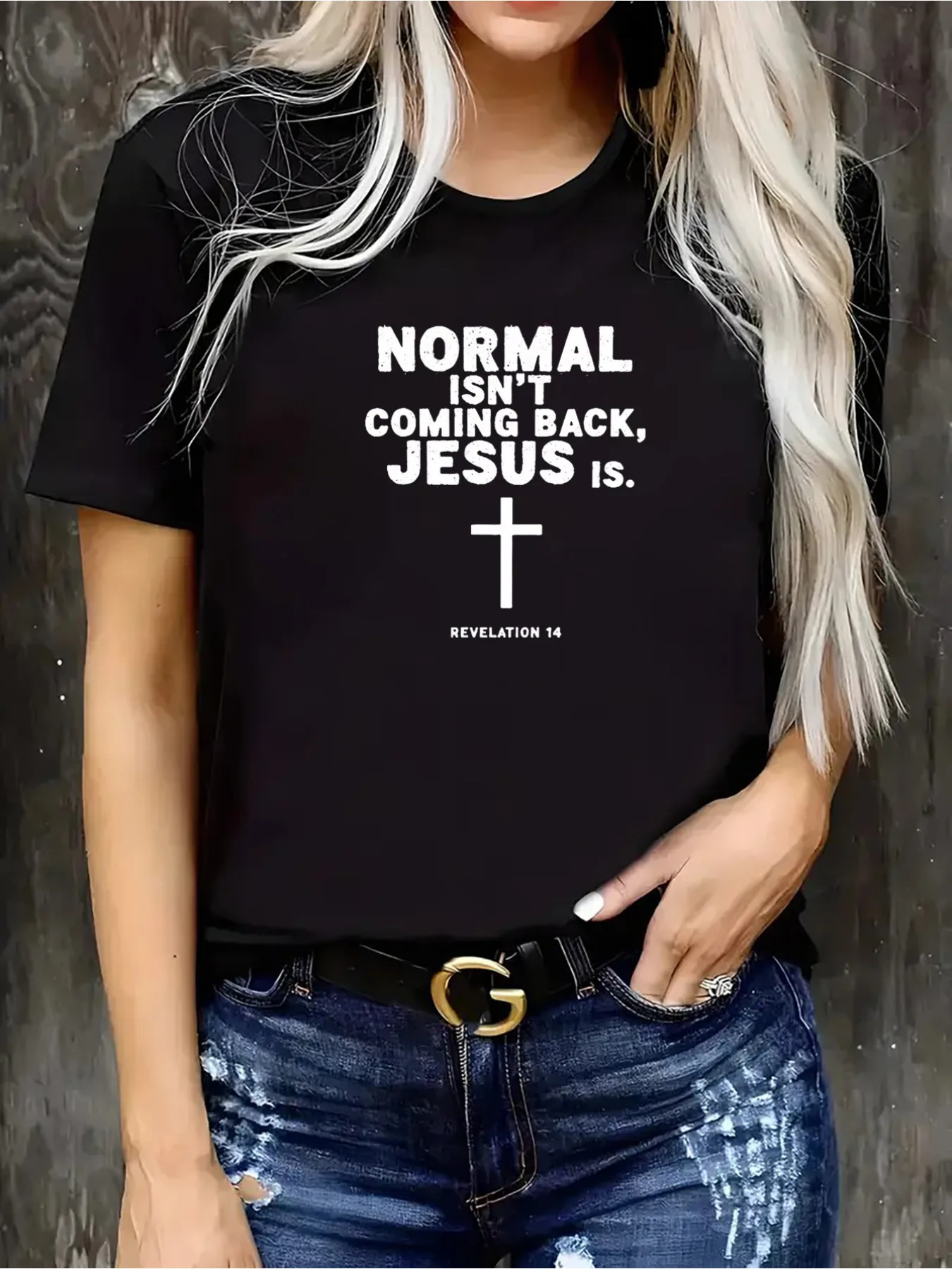 1 Wo Black Normal Isnt Coming Back Jesus Is T Shirt with Cross Design Casual Summer Tee Elegant Crew Neck Short Sleeve