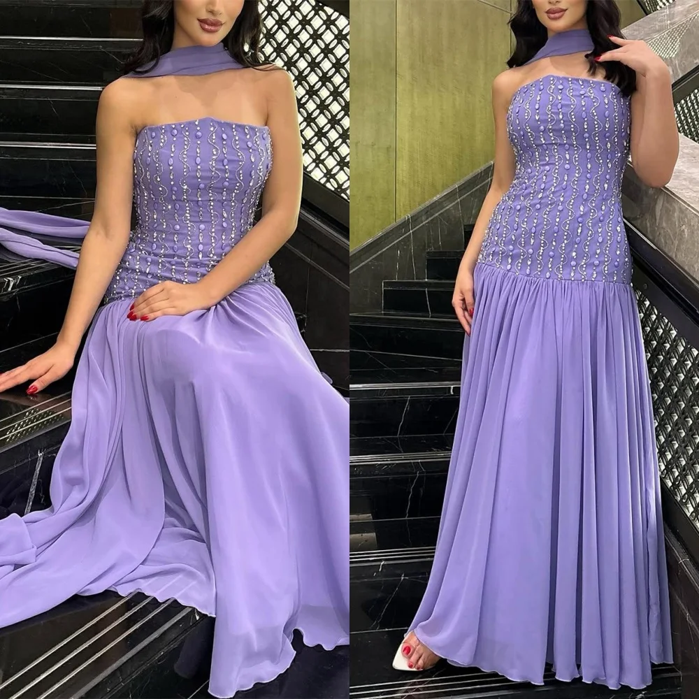 

Customized Soft Purple Chiffon Evening Dresses Fashion Strapless Sleeveless Celebrity Gowns Exquisite Special Occasion Gowns