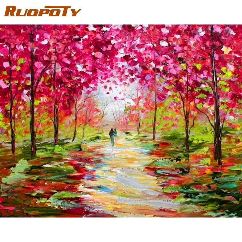 

RUOPOTY DIY Oil Picture By Numbers For Adult Handmade DIY Gift 40x50cm Frame Maple Street Landscape Paint Home Decoration