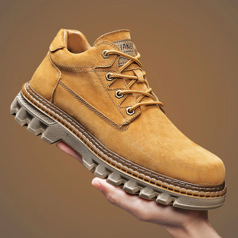 

Retro Style Yellow Men's Workwear Boots High-top Outdoor Plush Warm Cotton Shoes Winter Genuine Leather Men Platform Ankle Boots