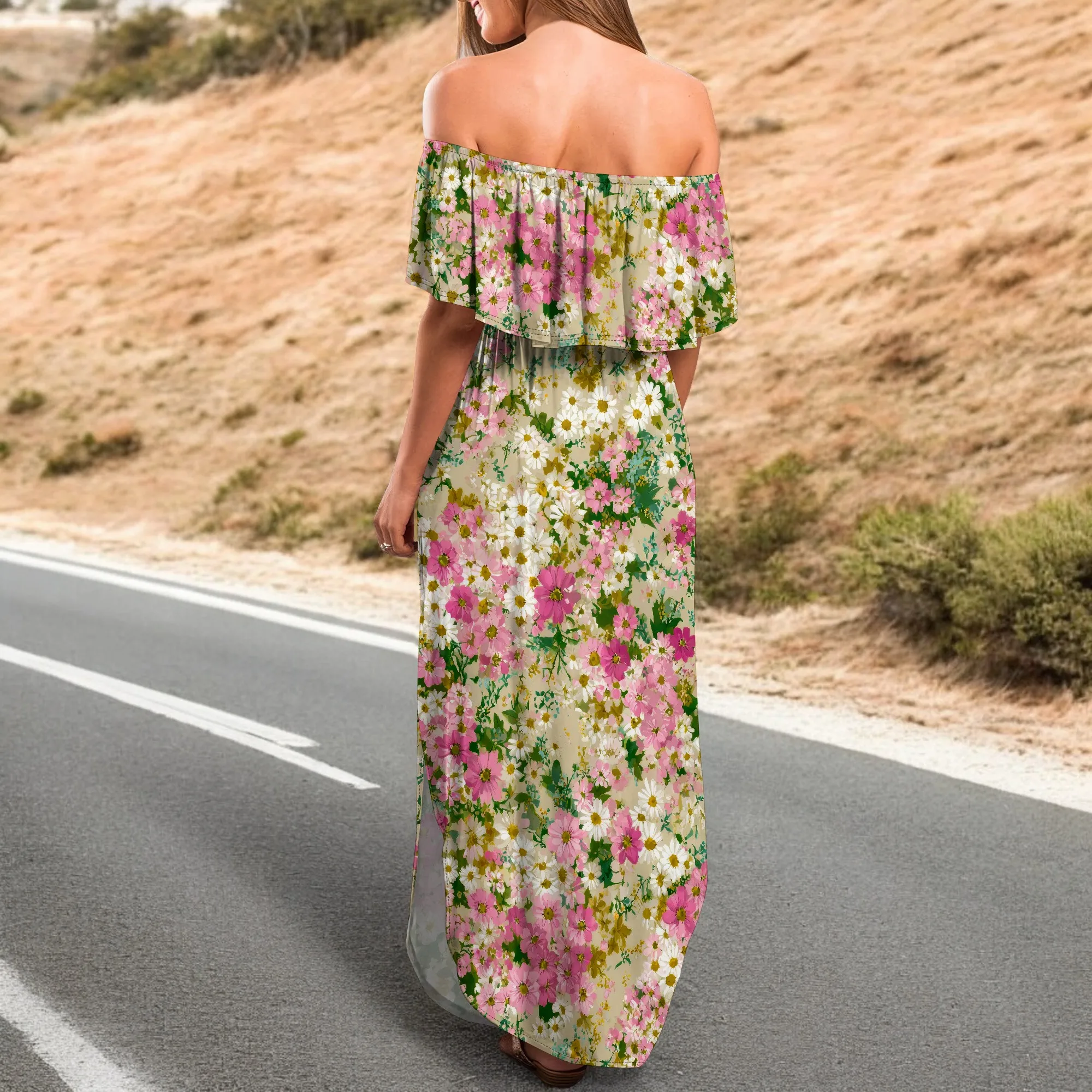 ผู้หญิงปิดไหล่ Ruffle Party Dresses ด้านข้างแยก Beach Maxi Dress