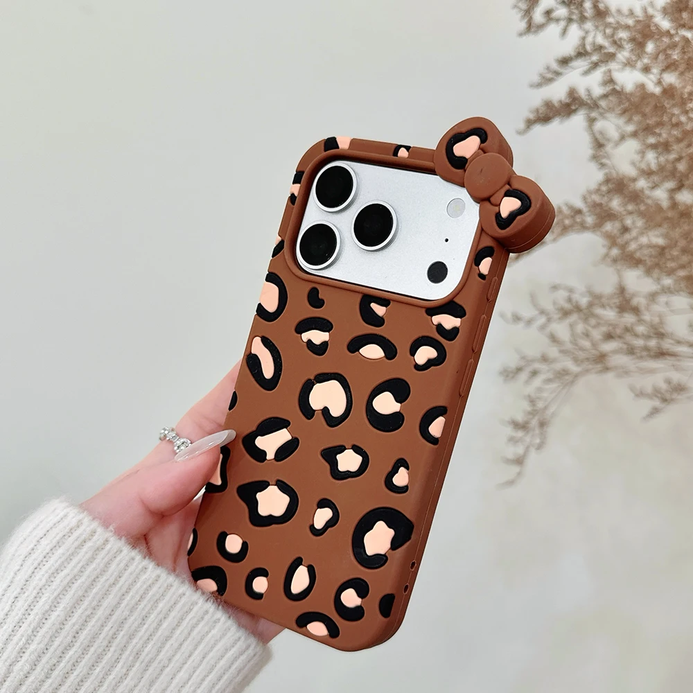 3D-Handyhülle aus weichem Silikon mit Leopardenmuster und Schleife für iPhone 16 17 Pro Max, lustige Cartoon-stoßfeste Rückseite – Detail 7