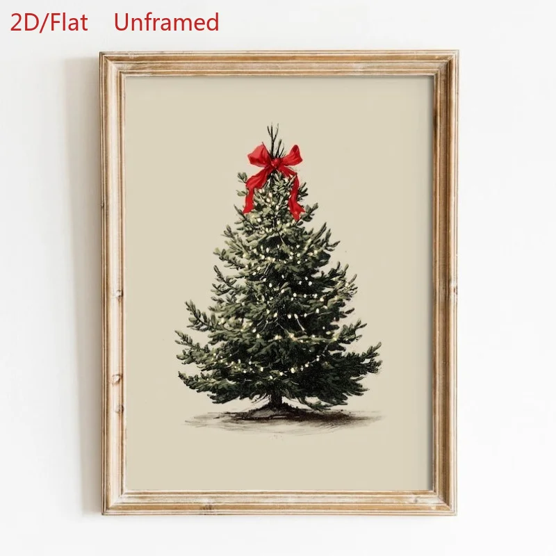 2D Flat, 2D Flat, 2D Flat 3-Panel Retro Christmas Tree Art Decor Painting, with Stockings And Bells, Wall Art Canvas Print, L