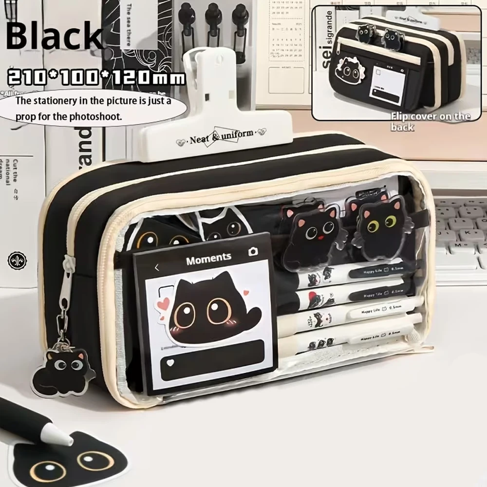 Large Capacity Black Cat Pencil Case - Includes 1 Pencil Case, 5 Stickers, and 1 Clip, High-Quality Zipper Closure, Mesh Texture, Portable School Supplies Storage Bag, Suitable for Desktop Storage, Back-To-School Season Stationery Storage, School Season, Christmas Gift