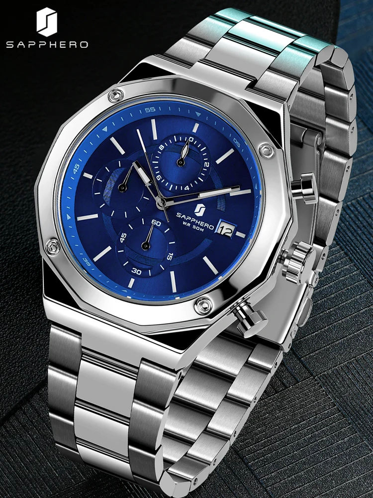 

SAPPHERO Blue Mens Watches Luxury Stainless Steel Business Wristwatch For Men watches 50M Design Waterproof Luminous Clock