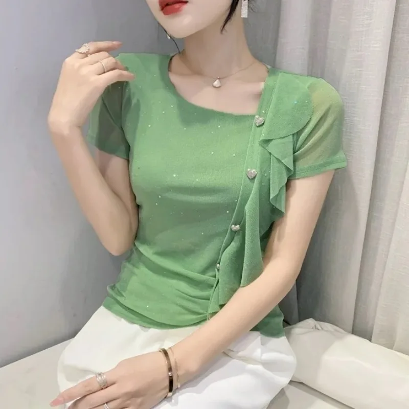 Women's Summer New Fashion Commute Solid Spliced Sequined Ruffles Irregular Skew Collar Button Slim Short Sleeve T-shirts Tops