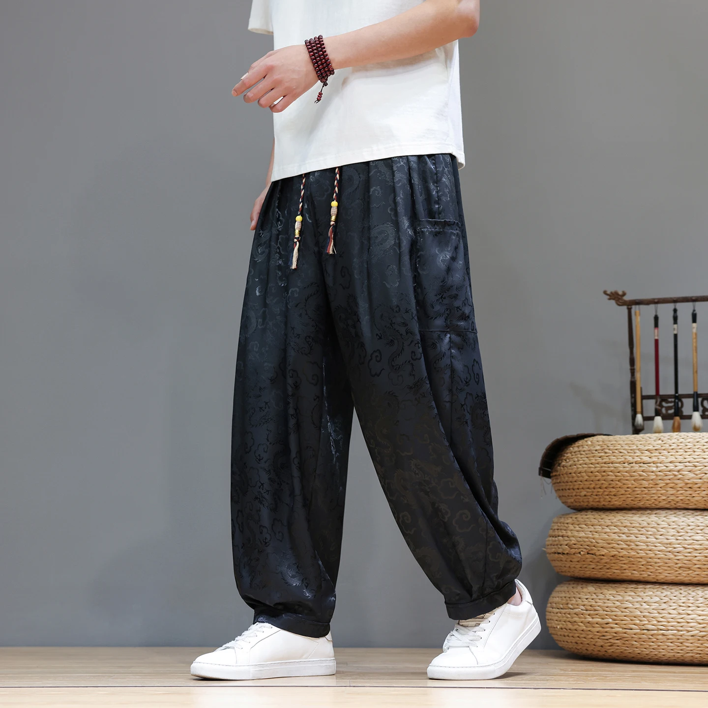 Men's Summer New Chinese Style Dragon Pattern Casual Pants Ice Silk Wide Leg Pants Loose Plus Size Long Trousers