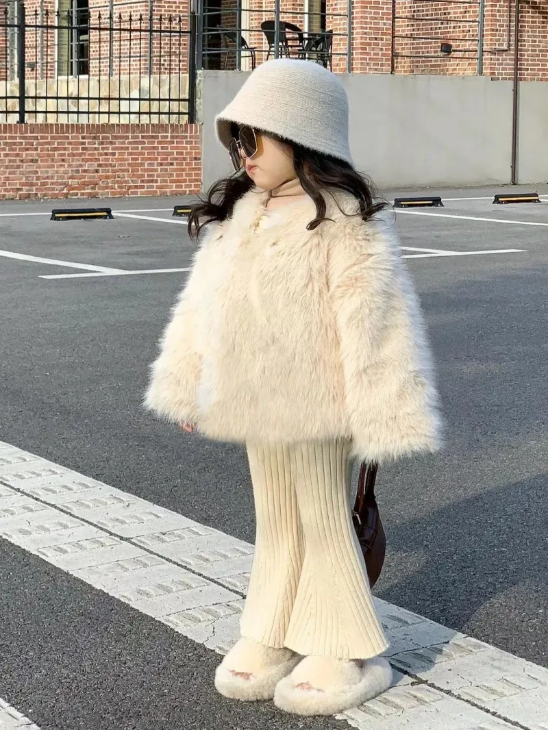 New girls' plush thick coat, children's fur coat imitating fox fur, versatile and stylish fur and cotton coat