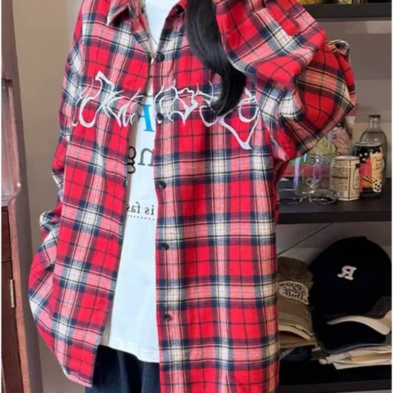 DAYIFUN Ladies\' Letter Embroidery Shirt Summer American Loose Vintage Red Plaid Blouses Long Sleeve Design Sun Protective Top