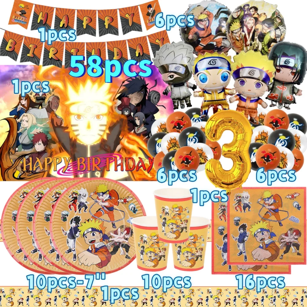 

58pcs Naruto Uzumaki Happy Birthday Party Decoration Suit Foil Balloon Red Number Set Backdrop Banner Cake Decorative Topper Toy