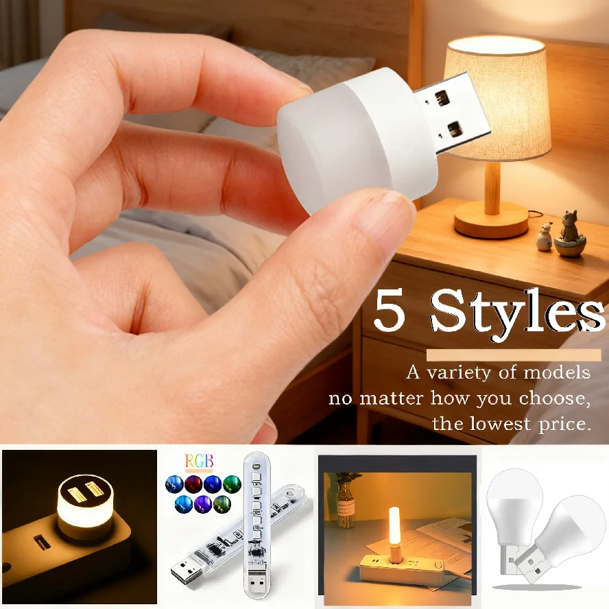 10~1PCS 5 Styles USB Plug Lamp RGB LED Night Light Computer Mobile Power Charging Book Lamps Eye Protection Square Reading Light